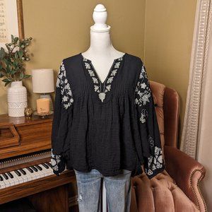 World Market Black Dolman Sleeve Blouse with White Embroidery - L/XL